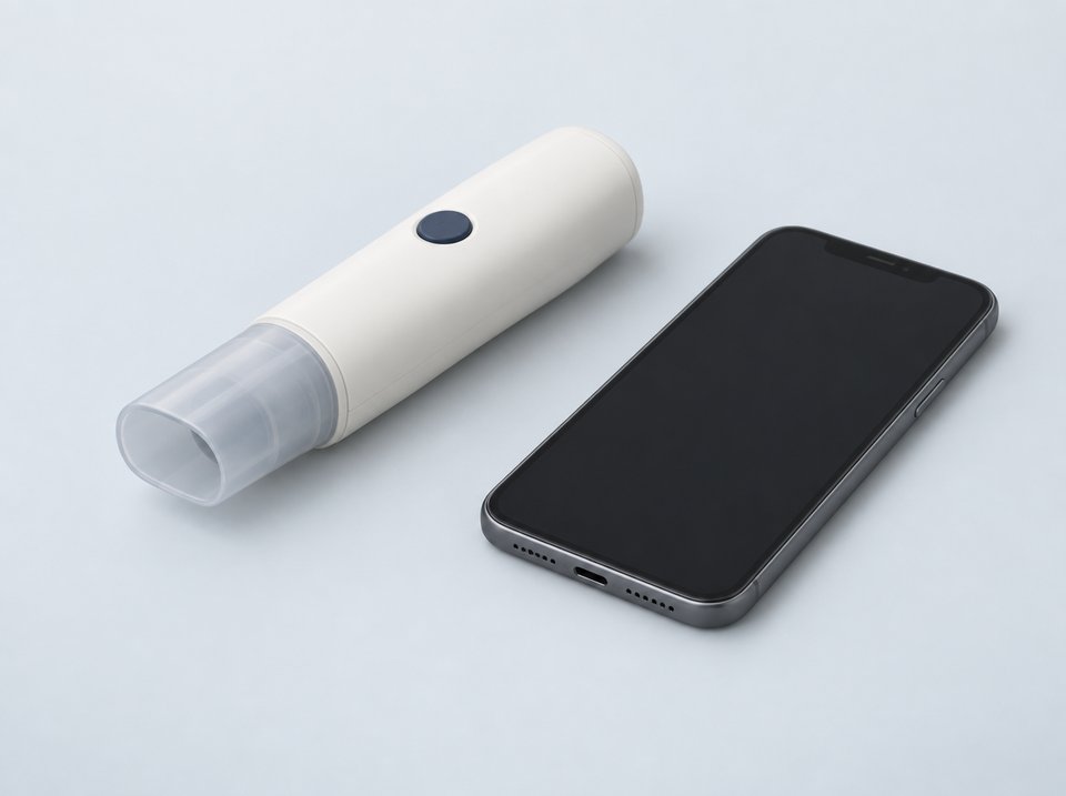 Et håndholdt hjemmespirometer med mundstykke og en telefon ved siden af.