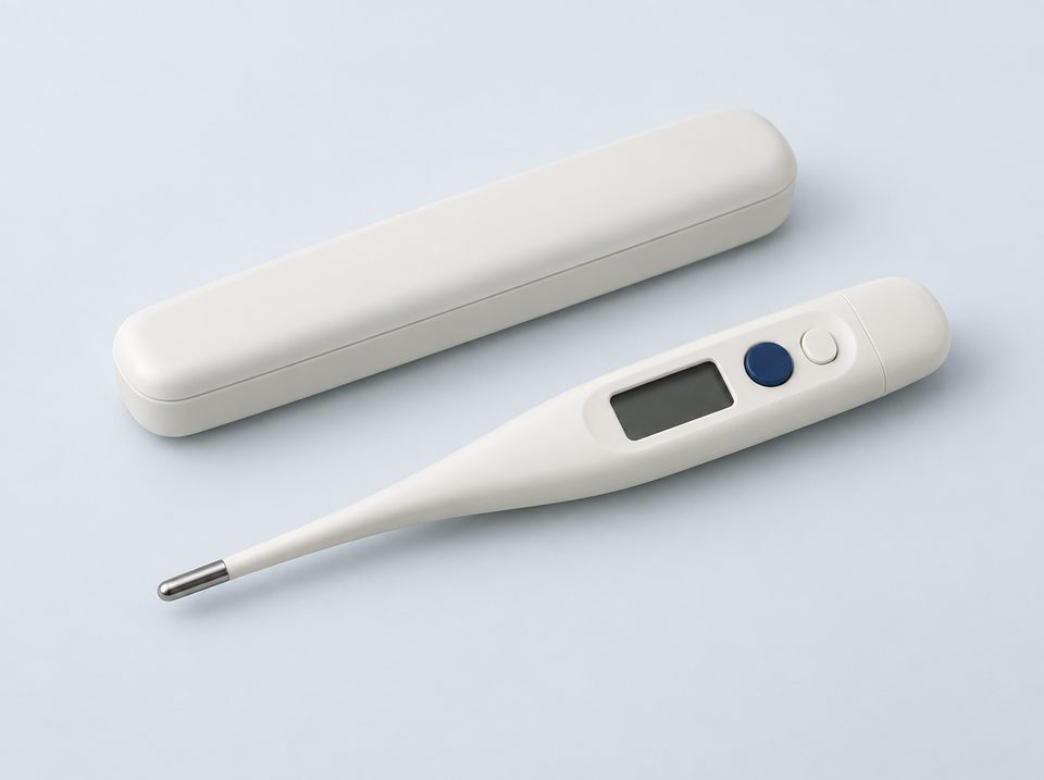 Et elektronisk stavtermometer med et lille display og to knapper, ved siden af sit etui.