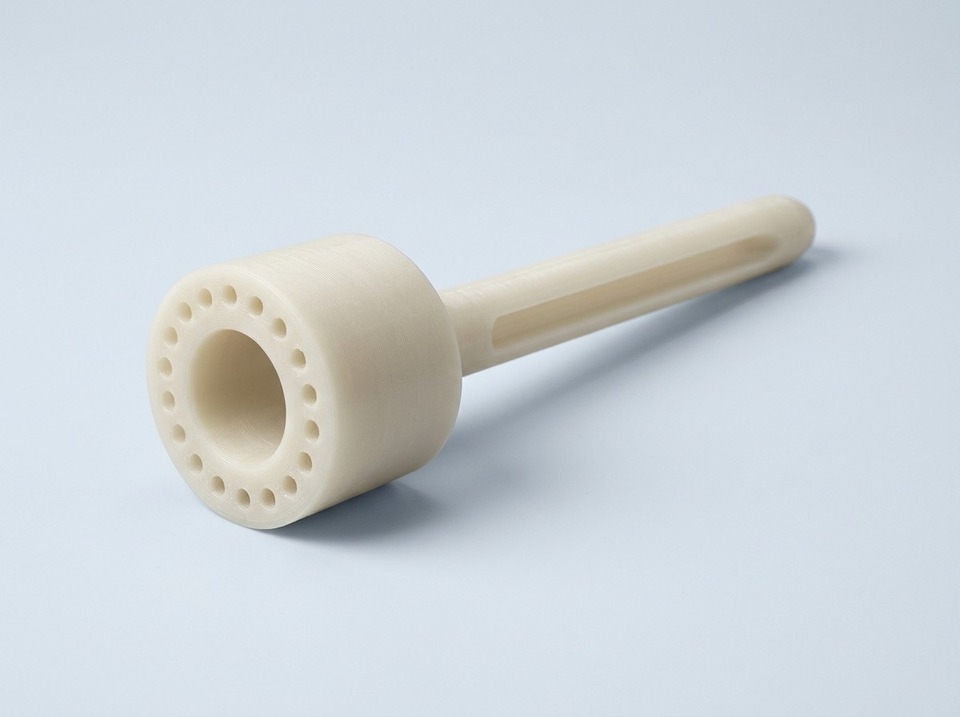 Den 3D-printede applikator med sine gennemgående nålekanaler.